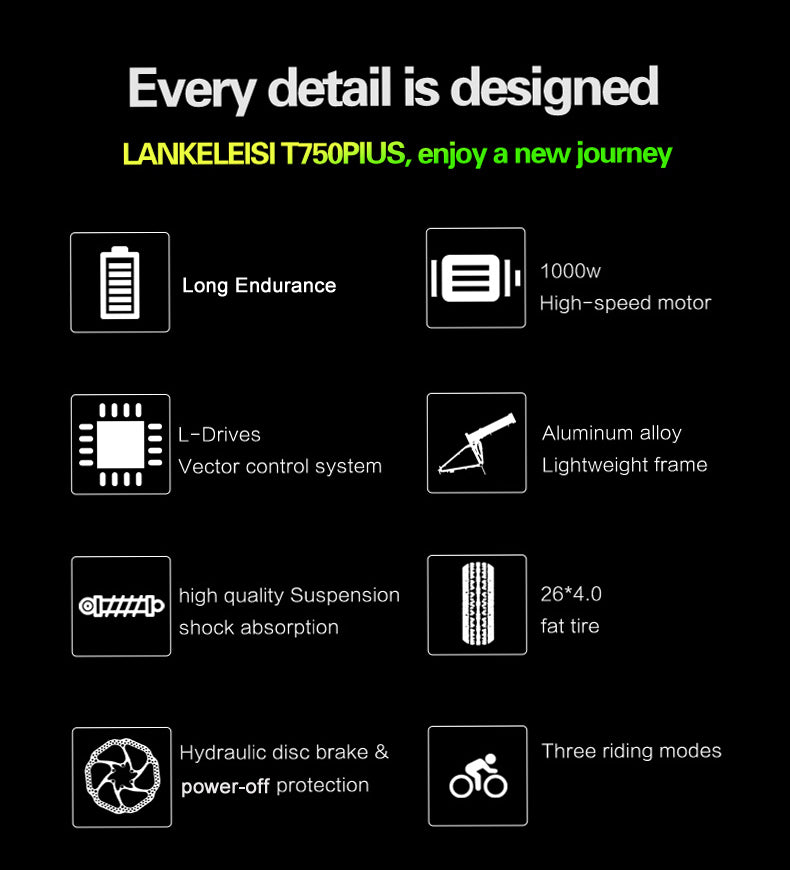 Lankeleisi XT750Plus 1000W Bicicletă electrică puternică cu anvelope grase, asistență la pedală cu 5 niveluri, baterie cu litiu de mare capacitate 48V 14,5A/17,5A, adoptă furca de coborâre cu suspensie cu umăr dublu