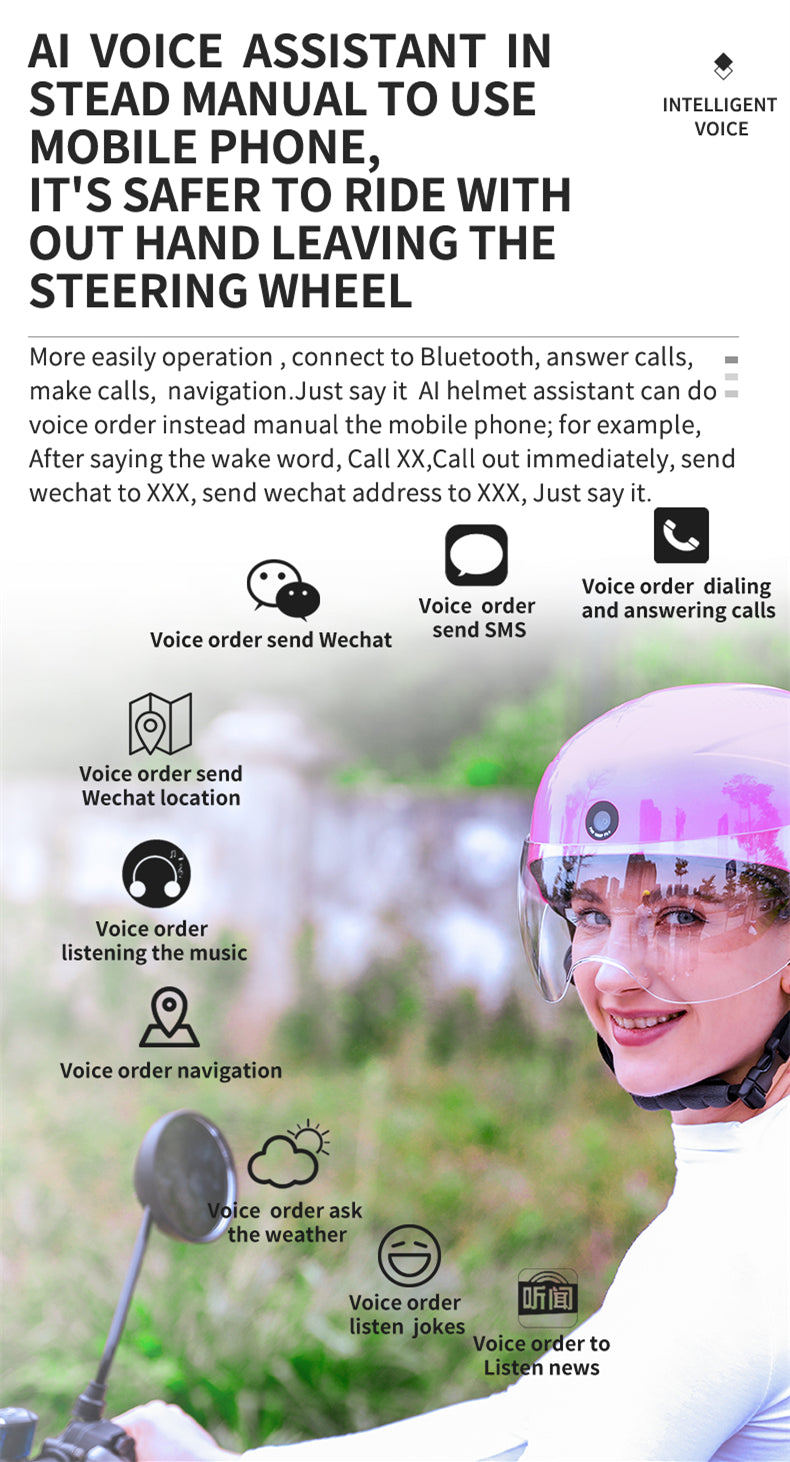 AI Smart Hjälm med Front & Rear HD Built-in Camera, Bluetooth Calling och WIFI, Support Phone APP Live Check, Spara och dela