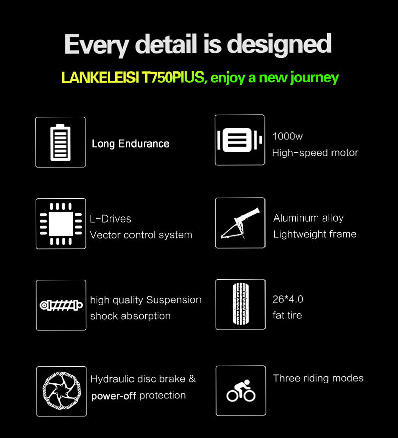Lankeleisi XT750Plus 1000W Potente bici elettrica del pneumatico grasso, Assist di pedale di 5 livelli, 48V 14.5A/17.5A Batteria al litio di grande capacità, adotta la forcella di discesa a doppia sospensione della spalla