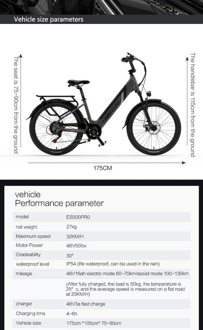 ES500 Pro 500W 48V 16Ah 130Km Endurance 24 Inch Brushless Motor Urban Electric Bike Dual Disc Brakes 32km/h Max Speed City Bik