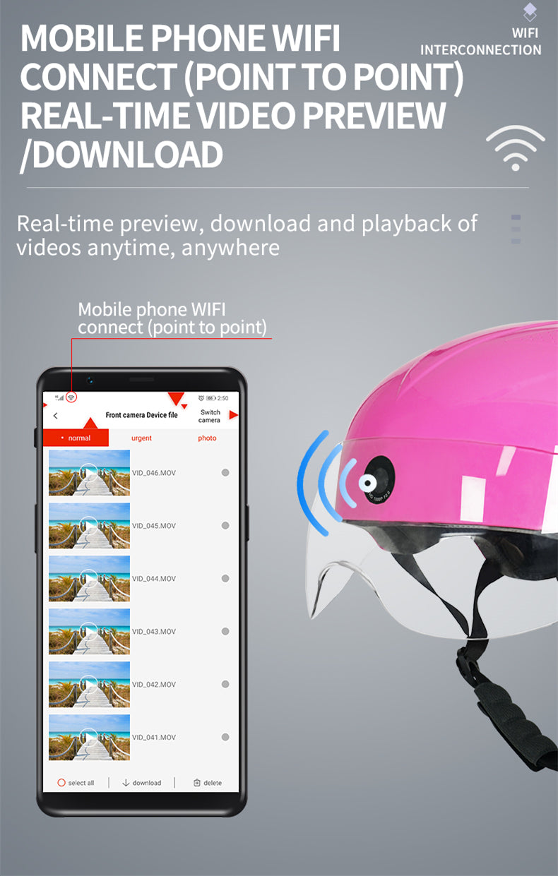 AI Smart Hjälm med Front & Rear HD Built-in Camera, Bluetooth Calling och WIFI, Support Phone APP Live Check, Spara och dela