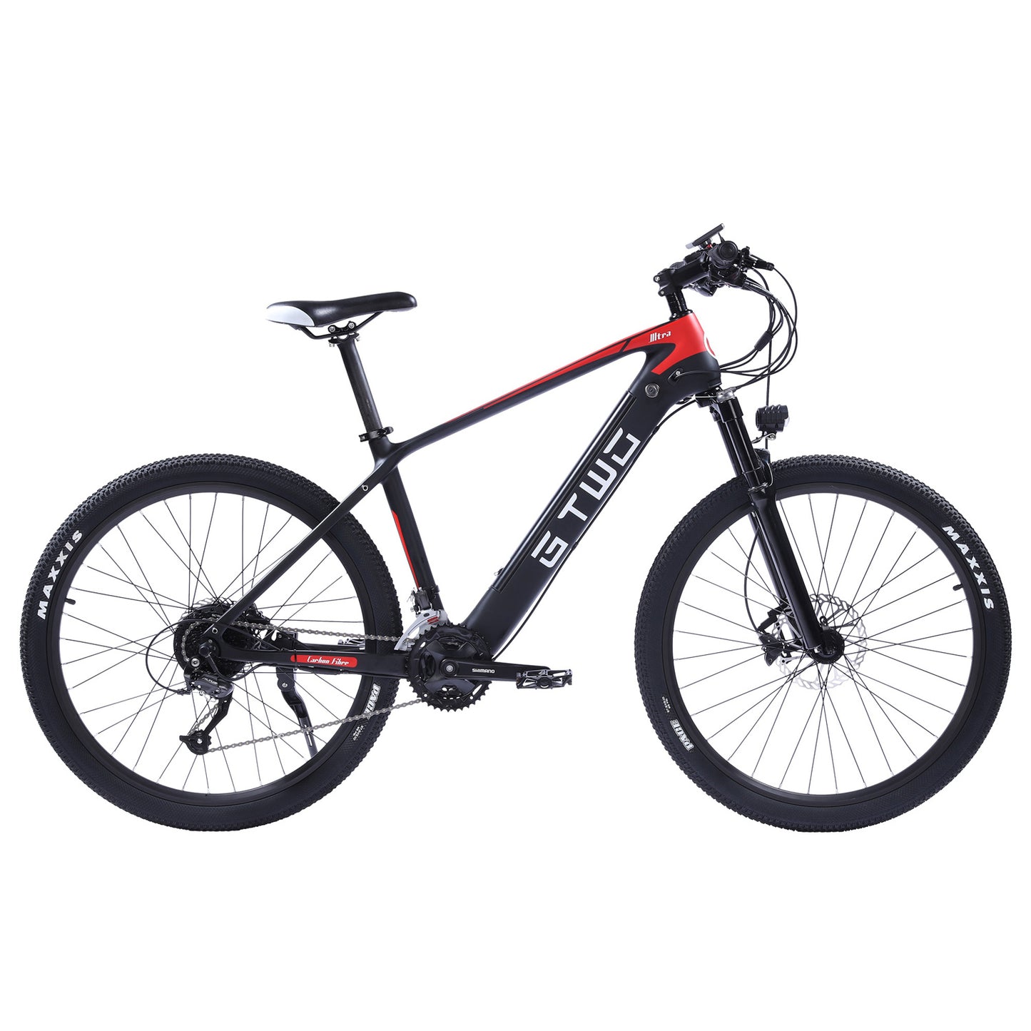 Bicicletă electrică din fibră de carbon de 27,5 inci, motor adpopt de 350 W / 500 W, furcă față cu amortizor de aer, bicicletă de munte cu 27 viteze