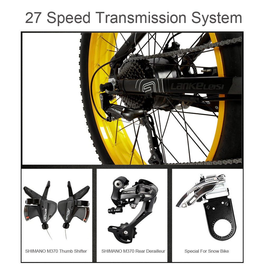 Lankeleisi T750plus 1000W 5-Grade Pedal Assist Power System Electric Fat Tire Bike, 26*4.0 Ruota pneumatica della neve, entrambi freno a disco, batteria rimovibile di grande capacità, 27 velocità